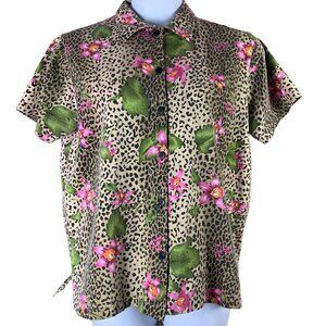 Moving Bleu Size Large Button Front Shirt Black Brown Pink Animal Print Floral